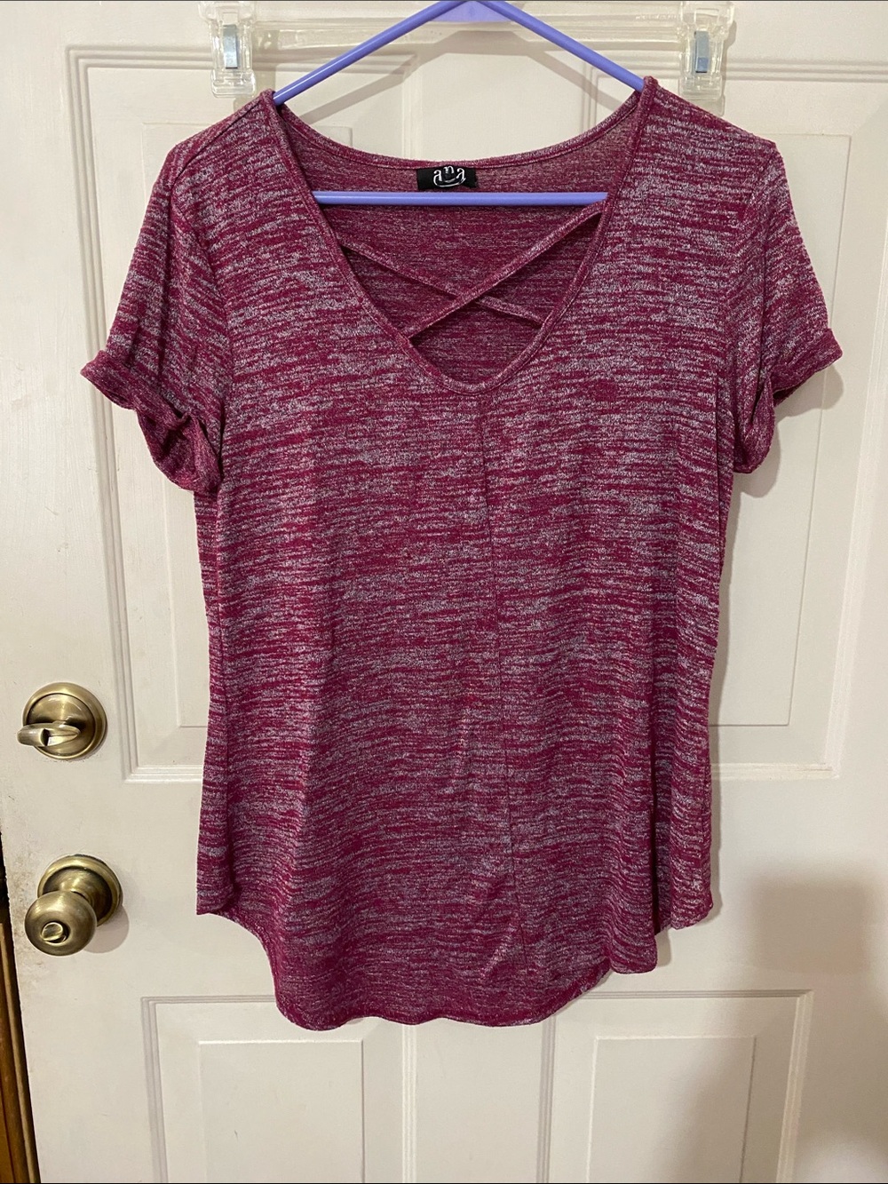 a.n.a Berry Heather Crisscross V-Neck Short Sleeve Top